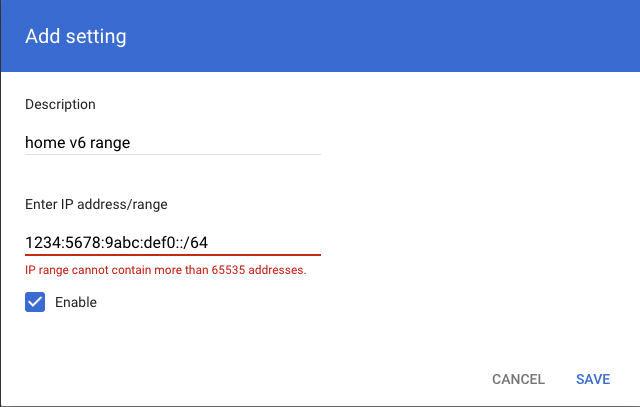 Google error message about IP range being too large